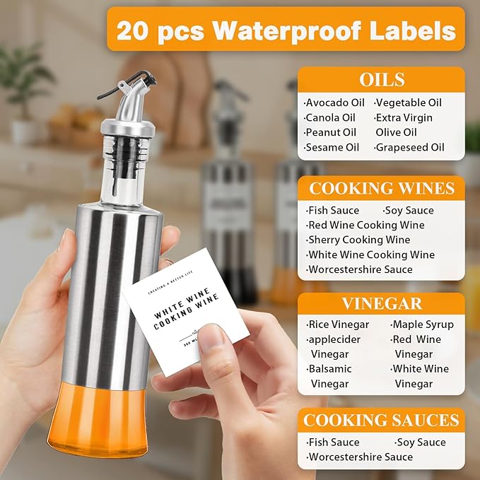 Olive Oil Dispenser Bottles for Kitchen with Bamboo Tray, Oil and Vinegar Dispenser Set, Stainless Steel Glass Dispensers for Kitchen, Dispenser Bottle of 300ml - Set of 2