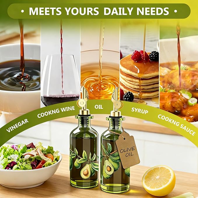 Olive Oil Dispenser Bottle for Kitchen, 12oz/350ml Extra Thick Glass Oil and Vinegar Cruet with Stainless Steel Pourer, Funnel & Cleaning Brush, Premium Oil Dispenser Set (Avocado)