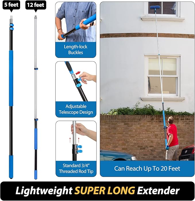 20 Feet High Reach Duster Kit with 5-12 Ft Extension Pole, Cobweb Duster with Telescoping Pole, Window Squeegee with Scrubber, Spider Web Brush