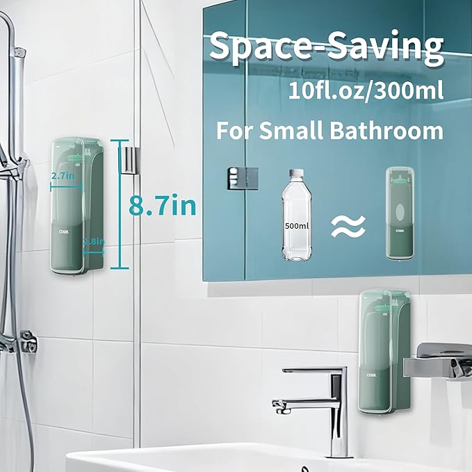 Wall-Mounted Shampoo Conditioner Dispenser, 300ml No Drill Refillable Shower Soap Dispenser, Waterproof Leak-Proof Wall Soap Holder, Modern Toiletries Organizer for Bathroom, Kitchen, Hotel, Green