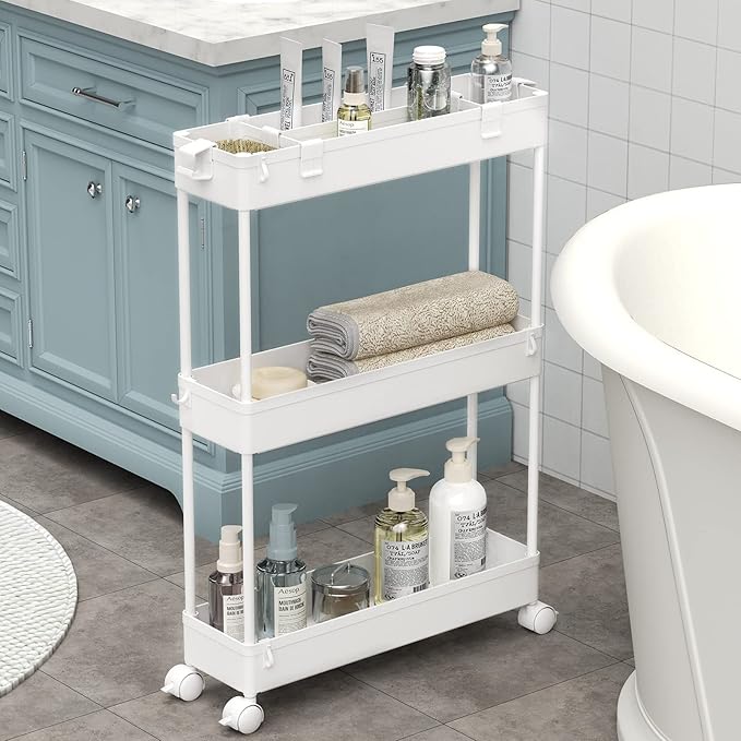 SPACELEAD Slim Storage Cart 3 Tier,Bathroom Organizer Rolling Utility, Mobile Shelving Unit Slide Out for Office, Kitchen, Laundry Room & Narrow Places,White