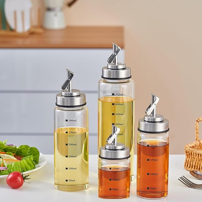 Verdental 15 oz Glass Olive Oil Dispenser Bottle with Stainless Steel Pourer Spout for Cooking Oil, Syrups, Vinegar, Sauces, Wines with Non-slip Silicone Ring and Labels (450 ML)