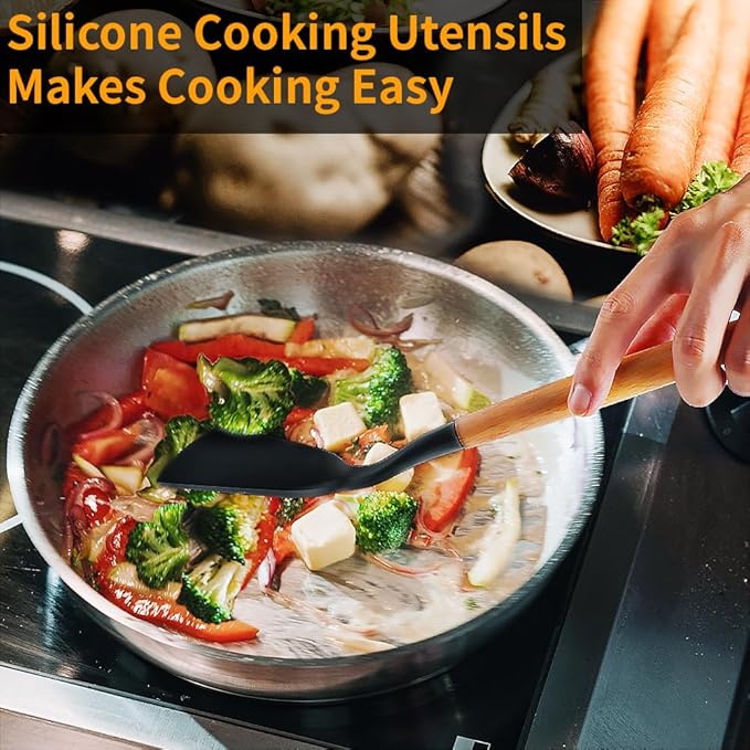 Silicone Cooking Utensils Set, 12Pcs Large Heat Resistant Kitchen Utensils, Turner Tongs, Spatula, Spoon, Wooden Handle Kitchen Gadgets with Holder for Nonstick Cookware, Dishwasher Safe (Black)