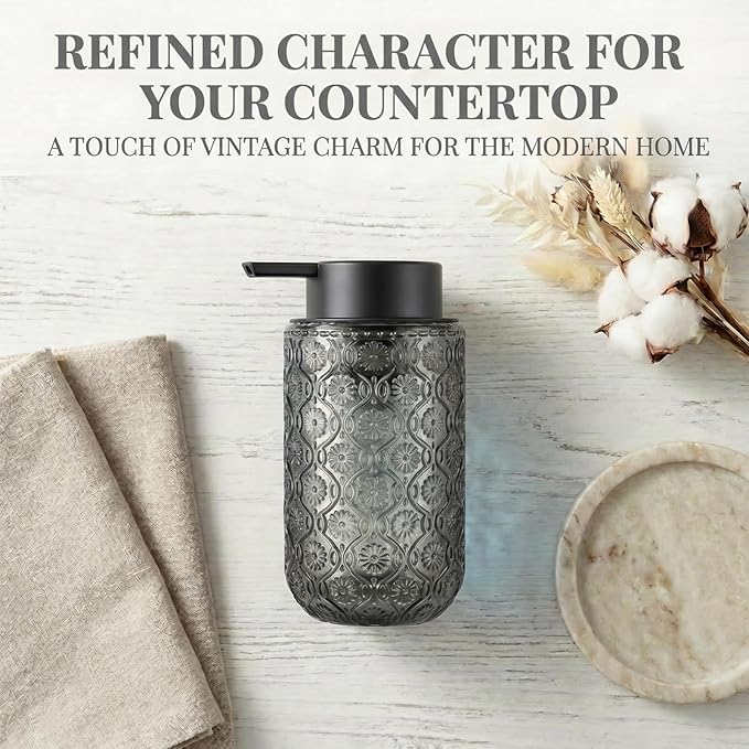 Grey Glass Liquid Hand Soap Dispenser with Matte Black Pump Thick Embossed Bottle Refillable for Bathroom and Kitchen Decor 13.5 oz