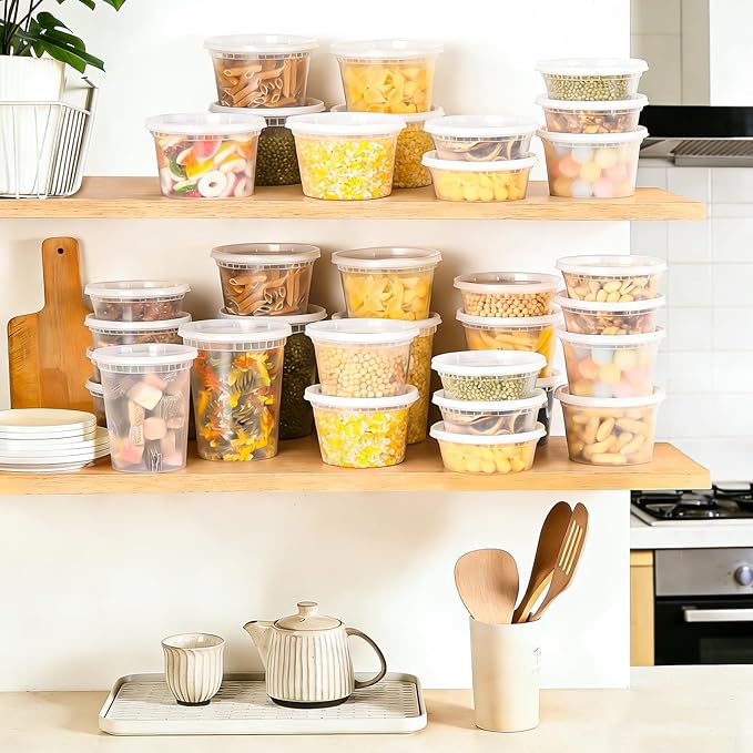 BYSNOW 60 Sets Deli Containers with Lids, 32/16/8 oz X 20 Set Each, Leak-Proof & BPA Free Airtight Stackable Takeout Plastic Food Storage Containers