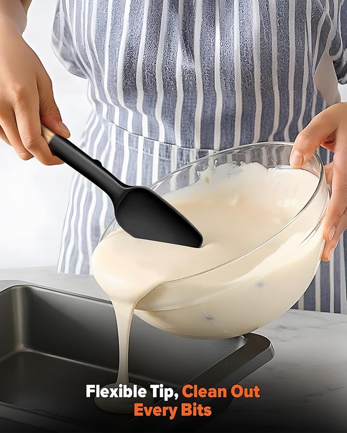 Silicone Spoon Spatula, Great For Scraping Bowls And Scooping Batter, Sturdy Bpa-Free Matte Silicone, Wooden Handle Rubber Spatula For Nonstick Cookwares (BLACK)