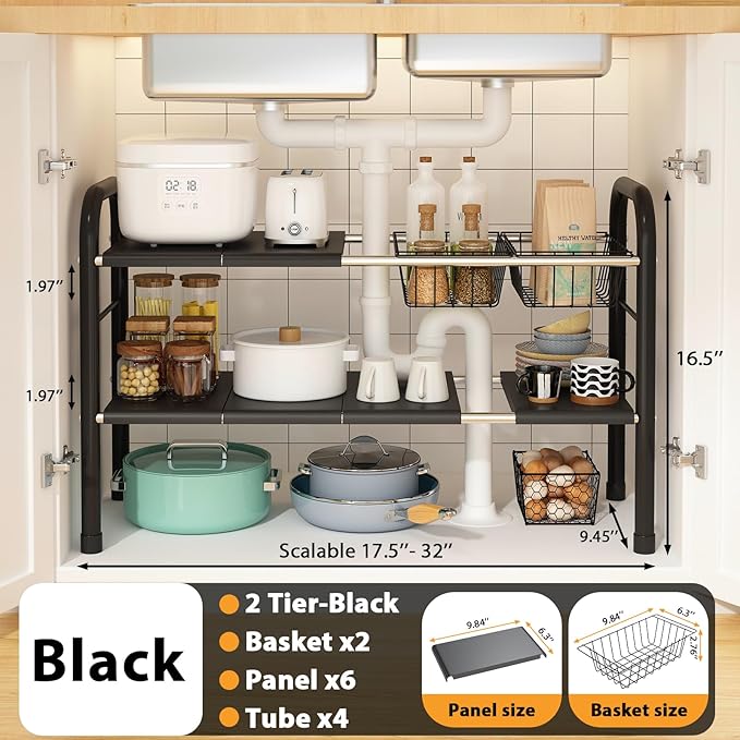 Expandable Under Sink Organizer, 2 Tier Under Sink Shelf with 2 Removable Baskets and 6 Removable Panels for Cabinet Sink Cloakroom Wardrobe Closet Storage(Black, 17.71”-32”Length