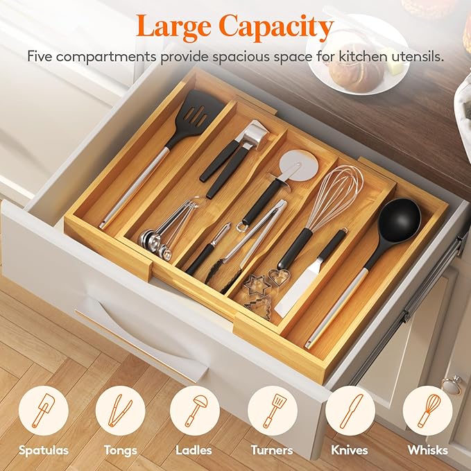 Lifewit Utensil Organizer for Kitchen Drawer, Expandable Cooking Utensil Tray, Cutlery Silverware Flatware Holder