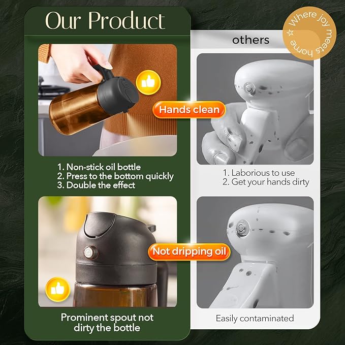 YARRAMATE 16oz/470ml Light Blocking Oil Sprayer for Cooking with Stickers, Food-Grade 2 in 1 Olive Oil Dispenser Bottle for Kitchen, Premium Dark Amber Glass Oil Bottle for Air Fryer, BBQ (Black)