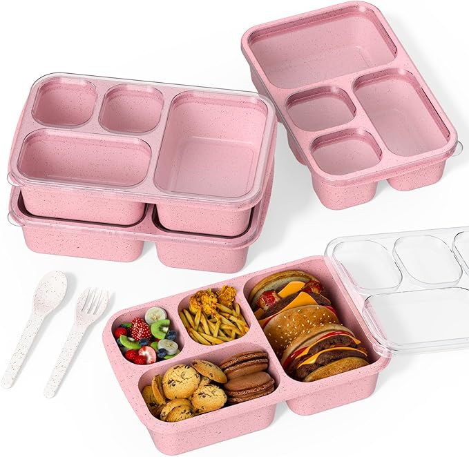 Large Capacity Bento Box for Adults, 4-Piece Set – Stackable Lunch Box with 4 Compartments, Microwave & Dishwasher Safe, Reusable Meal Prep Containers, Snack Containers for Kids & Adults (Pink)