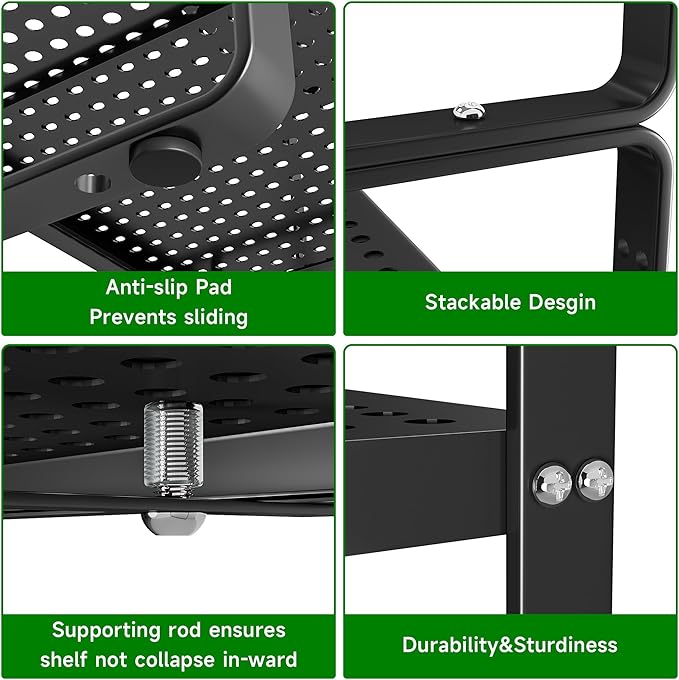 Expandable Kitchen Cabinet Shelf Organizer Rack Heavy Duty Metal Spice Rack Stackable Kitchen Counter Storage Shelf for Kitchen Cabinet Pantry Bathroom (Black - 16.5"-27" L x 10.2" W x 9.6" H - 2Pack)