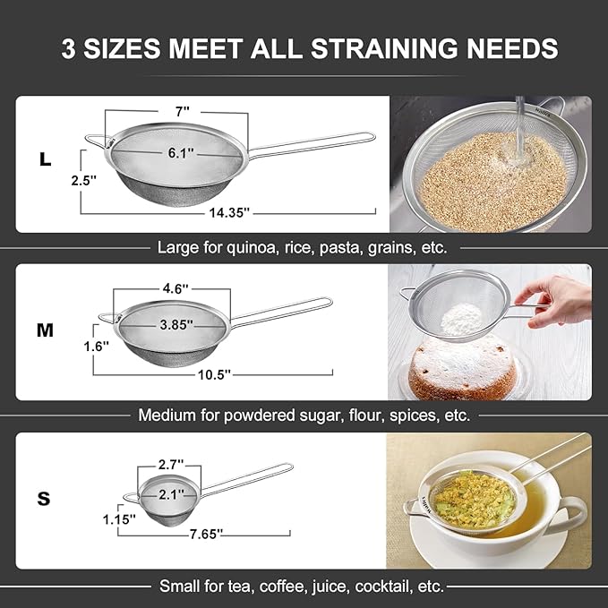 Walfos Fine Mesh Strainer and Fat Skimmer Spoon Set, Multipurpose Metal Strainers for Kitchen, Rice, Quinoa, Food, 304 Stainless Steel Fat Skimmer For Cooking, Fat, Grease, Floating Foam, 5 Pack