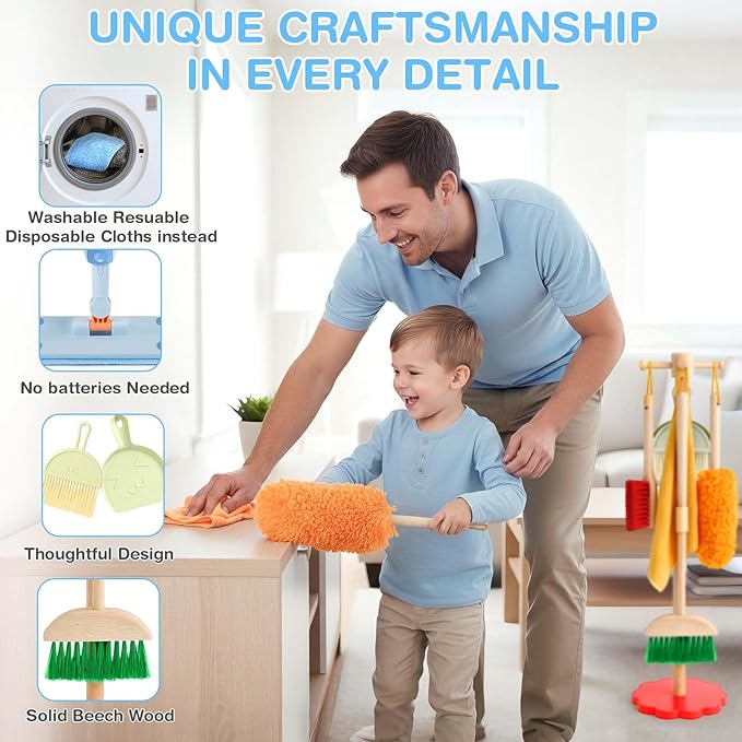 Dreamon Wooden Toddler Cleaning Set - 10Pcs Kids Cleaning Toy Set with Real Working Kids Spray Mop, Montessori Cleaning Toys with Broom and Mop Set for Toddlers Girls Boys Age 3-6