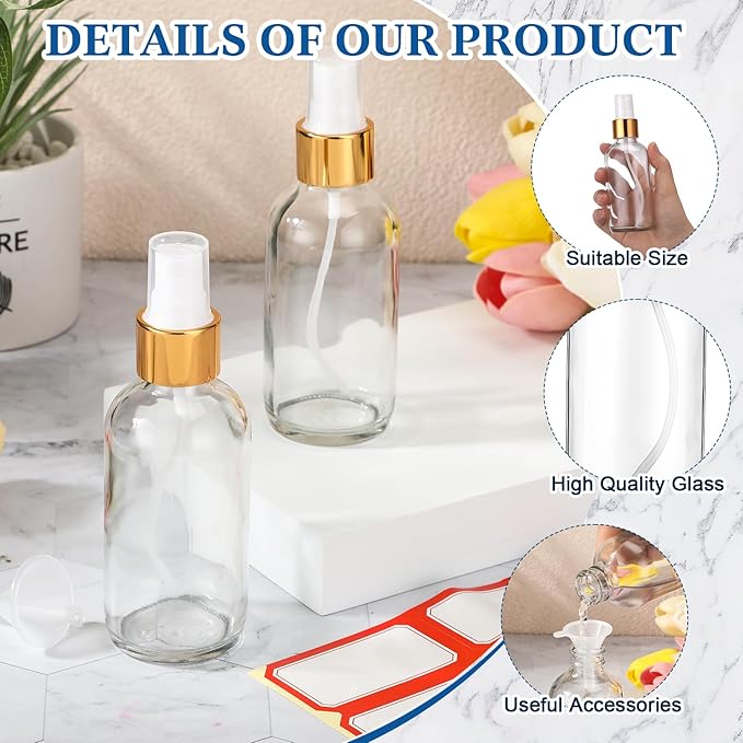 Fumete 2 Pack Glass Bottles 4oz Empty Refillable Liquid Containers with 1 Label 1 Funnel for Essential Oils Hair Travel Plants Cleaning Skin Care(Clear, Golden Top,Mist Bottle)