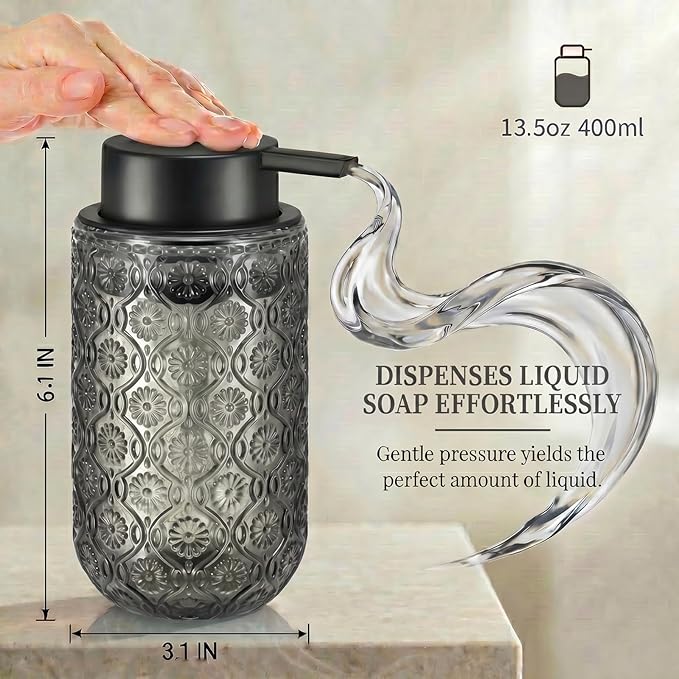 Grey Glass Liquid Hand Soap Dispenser with Matte Black Pump Thick Embossed Bottle Refillable for Bathroom and Kitchen Decor 13.5 oz