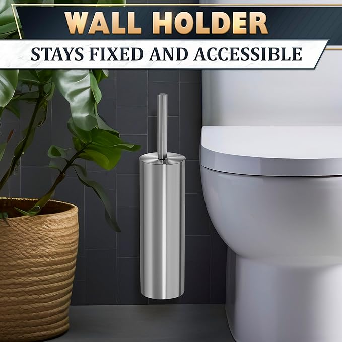 Silver Modern Toilet Brush and Holder Set with Wall Mount - Stainless Steel Toilet Brush with Holder - Removable Inner Bowl, Shiny Design, Splash Protection & Dense Bristles for Bathroom Cleaning