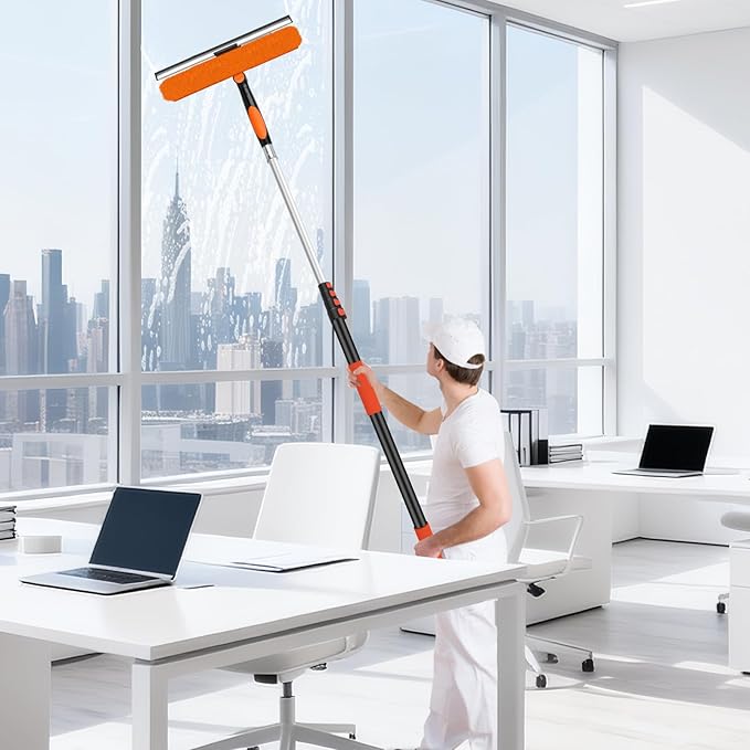 26FT Telescoping Window Cleaning Kit with 14" Squeegee - 2-in-1 Professional Window Scrubber & Extension Pole