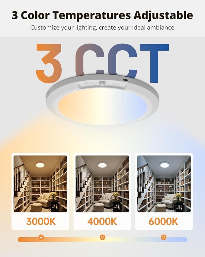 wowatt 10000mAh Rechargeable Ceiling Light with Remote, 3 Color Temperatures & Brightness Dimmable, Wireless Ceiling Light with Magnetic Design, Battery Ceiling Light for Shower Hallway Pantry(2 Pcs)