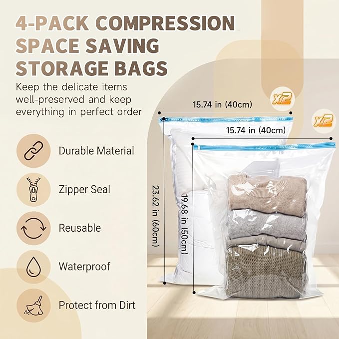 OIAHOMY 2 Pack Under Bed Storage with 4 Compression Bags, Underbed Organizers for Bedroom & Closet, Fits Beds Higher than 5.9"