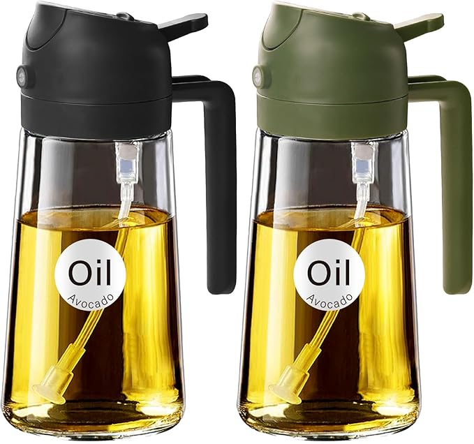 YARRAMATE 2Pcs 16oz/470ml Glass Olive Oil Sprayer for Cooking with Stickers, 2 in 1 Oil Dispenser for Kitchen Gadgets