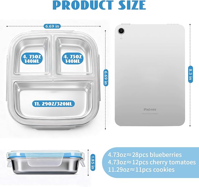 2 Pack Stainless Steel Snack Containers, 3 Compartments Reusable on the go Bento Box with Lids for Kids, Lunch Box Pre Meal Storage for School Office Outdoor Camping Travel - White & Blue