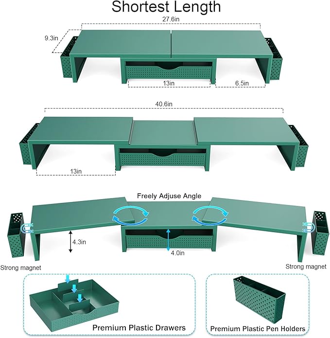 Dual Monitor Stand Riser, Desk Organizer With Drawer and 2 Pen Holders, Green