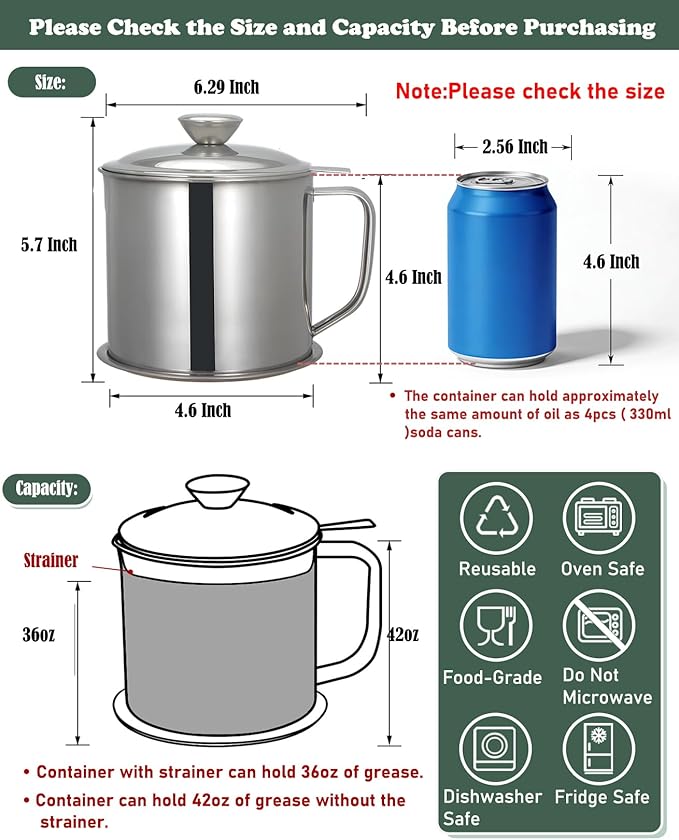 Tellshun Bacon Grease Container with Strainer 1.25 L / 42 oz Strong Kitchen Catcher Food-grade Stainless Steel Cooking Oil Keeper with Lid and Easy-Grip Handle Suitable for Storing Frying Oil