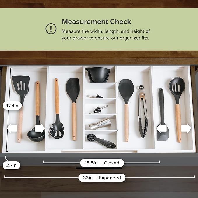 KitchenEdge Adjustable Kitchen Drawer Organizer for Utensils and Junk, Food-Safe Contract Grade with 100% Sustainable Wood