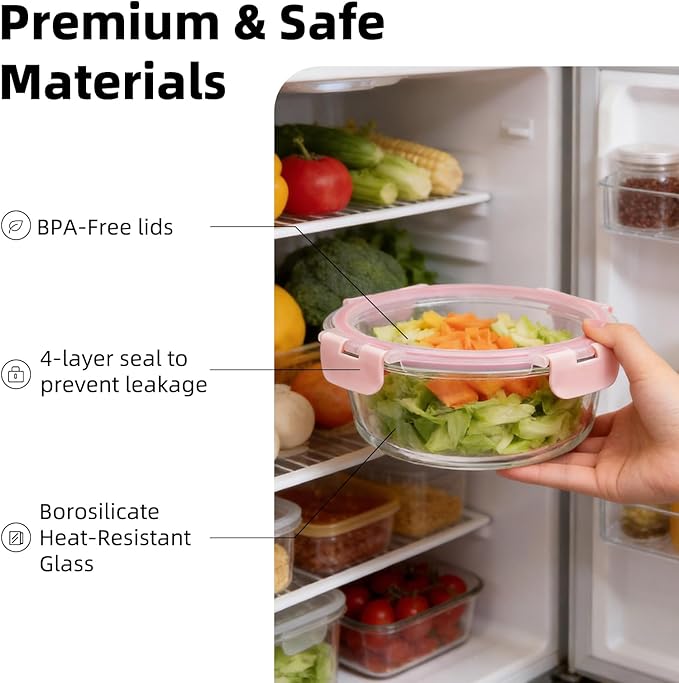 Konokyo Round Glass Food Storage Containers with Lids, 12 Pack Airtight Leakproof Meal Prep Containers, BPA-Free