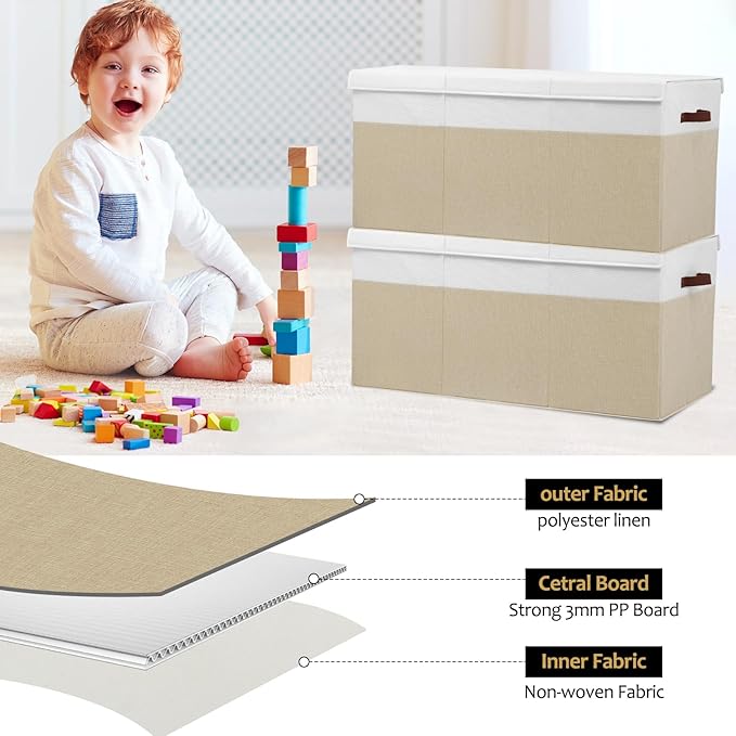 Gowee Extra Large Toy Storage Box with Lid, Sturdy Toys Storage Chest Bin Organizer Basket with Dividers for Kids, Boys, Girls, Nursery, Closet, Bedroom, Playroom 35.5"x17" x17" (Beige and White)