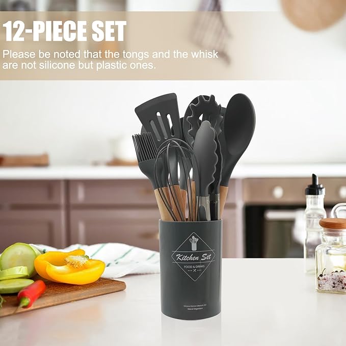 Kitchen Utensils Set of 12, Silicone Cooking Utensils with Non-Slip Wooden Handle and Organizer Bucket, 446°F Heat Resistant Cookware Utensils Set (Dark Grey)