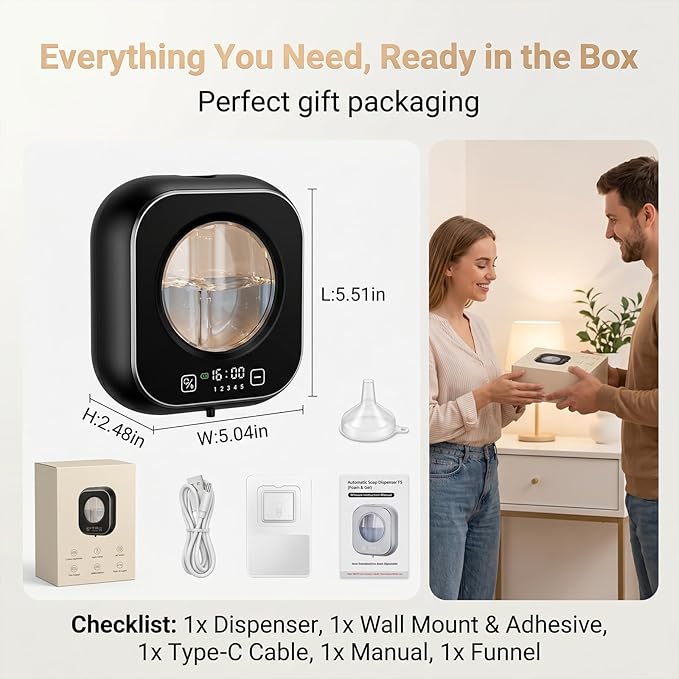 Automatic Foam Soap Dispenser Bathroom,Wall Mounted Touchless Foaming Soap Dispenser Rechargeable with Smart LCD Display & 5-Level Adjustable Foam,Electric Dispenser for Kitchen Office (Black)