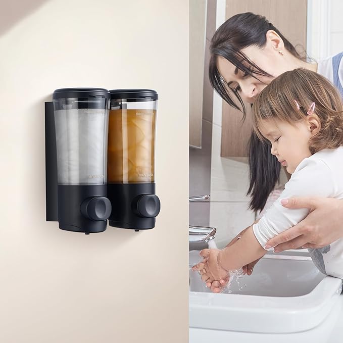 Shampoo and Conditioner Dispenser No Drill Shower Soap Dispenser Wall Mounted Shower Dispenser 2 Chamber with Upgrade Smooth Pump Head Bathroom Body Wash Soap Dispenser Set 450ml*2 Black