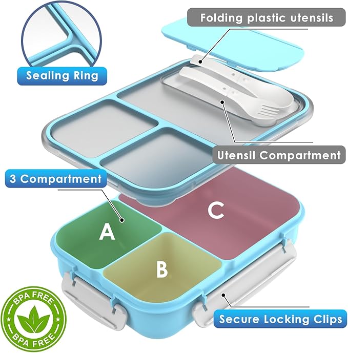 WHALEHOUSE Large Capacity Bento Box for Adult, 1700ML 3 Compartments Lunch Box with Utensil, Airtight Food Container with Lids for Meal Prep, Microwave/Dishwasher/Freezer Safe, On the Go (Blue)