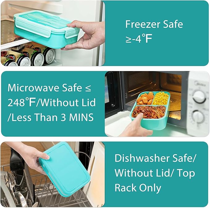 Caperci Classic Bento Box Adult Lunch Box for Older Kids - Leakpoof 47 oz 3-Compartment Lunch Containers for Adults and Teens, Built-in Utensil Set