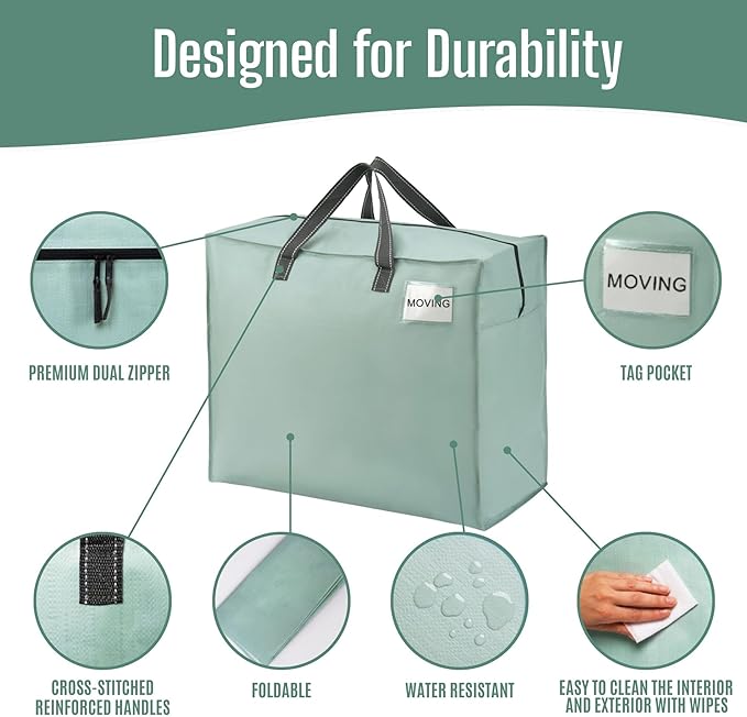 VENO 4 Pack Heavy Duty Moving Bags, Storage Bags, Packing Supplies, Top Zipper, Storage Totes for Camping, Clothes, Bedding, Comforters, Pillows (22 Gallon Light Green, 4 Pack)