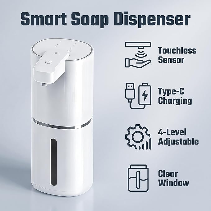 Automatic Touchless Foam Soap Dispenser, 4-Level Adjustable Foam, Continuous Foaming and Self-Cleaning Mode, Type-C Rechargeable, Wall Mount or Countertop (Foam)
