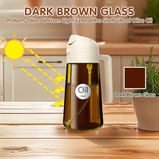 YARRAMATE 2PCS 16oz/470ml Oil Sprayer for Cooking with Stickers, Food-Grade 2 in 1 Olive Oil Dispenser Bottle for Kitchen, Premium Dark AmberGlass Oil Bottle for Air Fryer, BBQ(White & Orange)