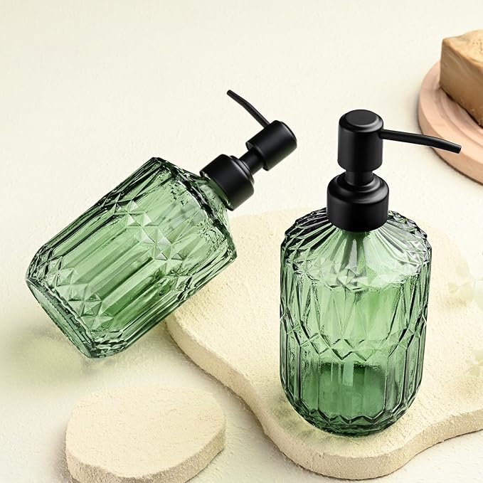 Green Glass Soap Dispenser with Black Rust Proof Pump Refillable for Kitchen Dish Soap Bathroom Hand Soap Lotion and Body Wash