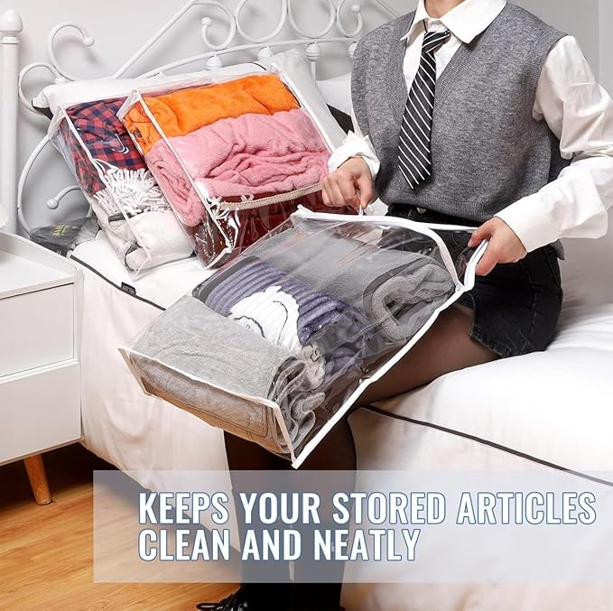 6 Pcs (16 * 12 * 4 Inch) Zippered Plastic Storage Bags, Transparent Zippered Storage Bags For Storing Linen Sweaters, Blankets, And Bed Sheets In Wardrobes