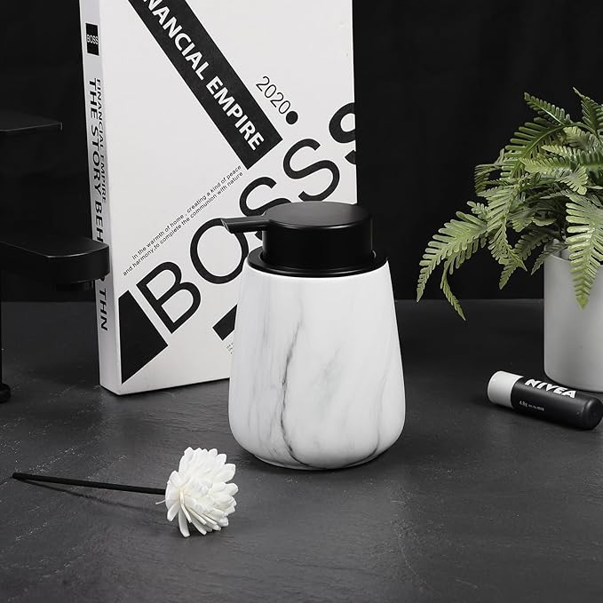 12Oz Ceramic Liquid Soap Dispenser - Modern Lotion Hand Soap Dispenser with Easy-to-Press Black Pump, Reusable and Refillable Dish Soap Dispensers for Bathroom & Kitchen, Marble White