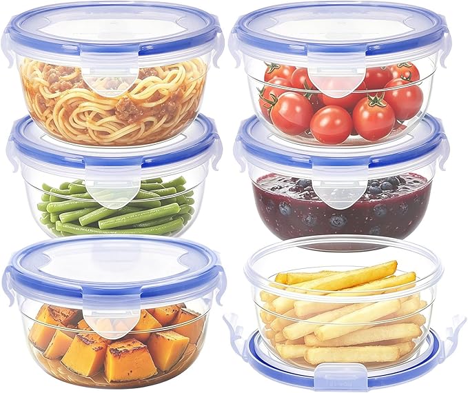 KIGI Round Food Storage Container, Leakproof Plastic Bowls with Lid Set for Soup, Snack, Fruit, Meal Prep & Lunch, 4 Sided Locking Airtight Lid