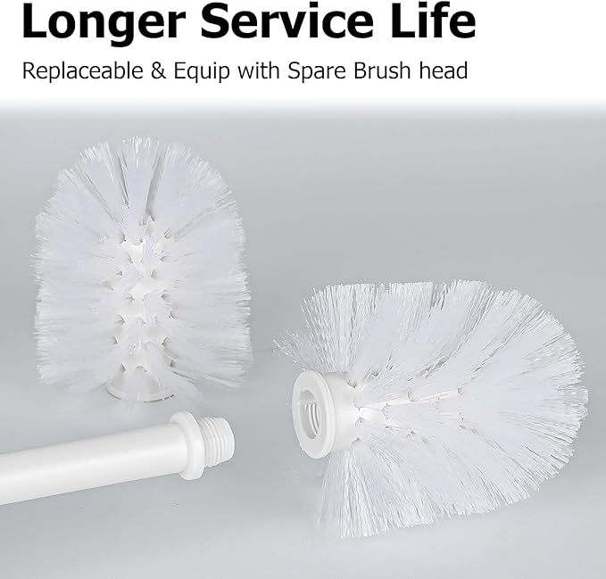 Topsky Toilet Brush & Holder Set, 2 Pack Plastic Round Barrel Loo Brush with 2 Replacement Heads, Durable for Bathroom, White