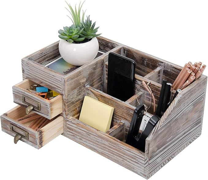 Liry Products Rustic Torched Wooden Desktop Organizer Dark Brown Tabletop