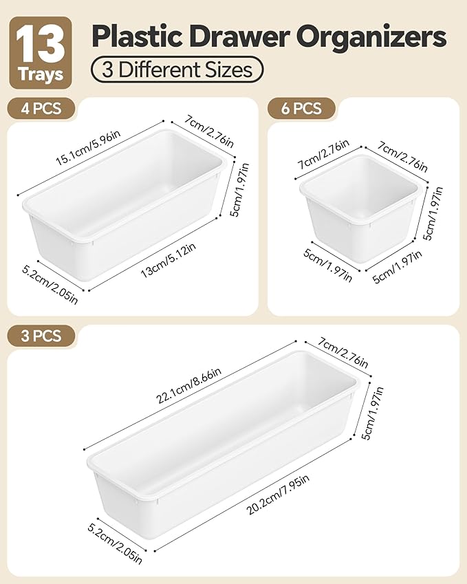 13 Pack Plastic Drawer Organizers Set, White