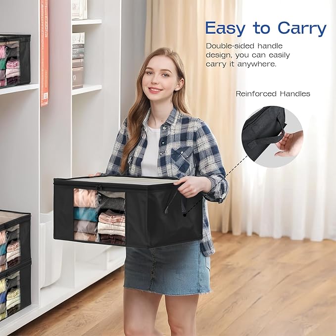 Clothes Storage Bags, Foldable Thick Fabric Blanket Storage Bags, Black, 4PACK