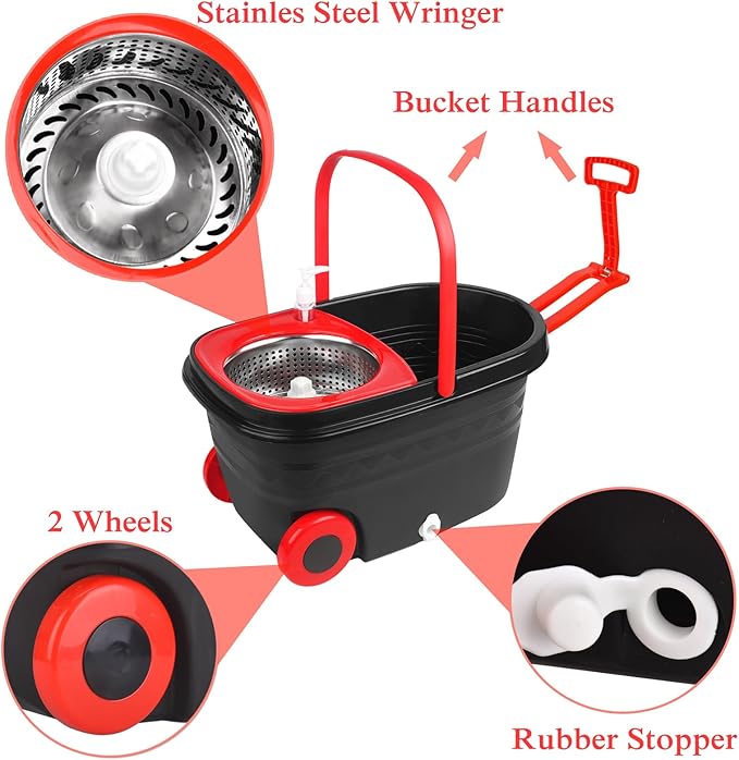 Spin Mop Bucket, Spin Mop Bucket System with 2 Mop Heads, Stainless Steel Mop Cleaning Bucket for Floor Cleaning