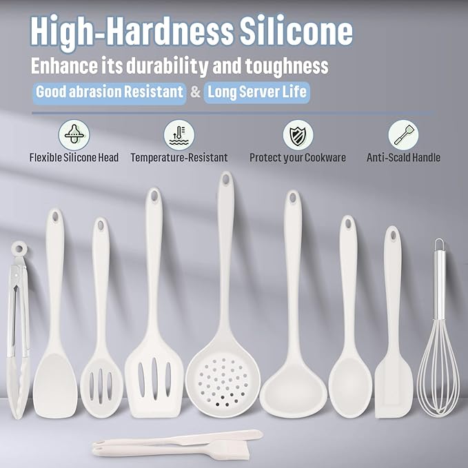 Silicone Kitchen Utensils Set, E-far 23 Pcs White Cooking Utensils Tools with Holder for Nonstick Cookware, Include Spatula/Spoon/Ladle/Tongs/Turner, Heat Resistant & Nontoxic, Dishwasher Safe