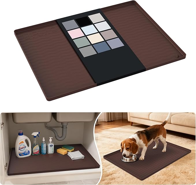 URMONA Waterproof Silicone Under Sink Mat 25'' x 19'' Shelf Liner for Kitchen and Bathroom, Cabinet and Counter Protector, Storage and Organizers, Litter Mat, Pet Cat Puppy Essentials(Brown)