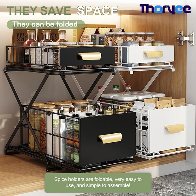 2 Tier Pull Out Pull out Cabinet Organizer with Adjustable Height, Under Sink Organizer, Slide out Pantry Shelves Drawer Storage for Kitchen Organization (Black, 2 Tier)